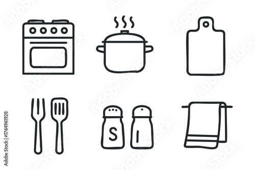 Kitchen utensils for cooking meals and seasoning dishes at home. Set of 6 winter vector illustration