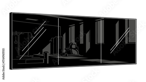 Gym Interior Reflection: A sleek, modern mirror reflects the interior of a gym, revealing exercise equipment, windows, and the ambiance of a workout space. 