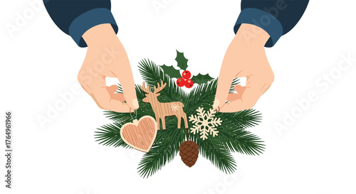 Delightful festive arrangement with wooden ornaments held delicately in hand, creating a warm and inviting Christmas atmosphere, perfect for holiday greetings and seasonal promotions