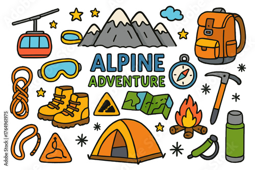 Alpine Adventure Icons. Alpine adventure. Colorful Hand-drawn doodle Children illustration Alpine adventure mountain peaks, ski lift, backpack, boots, snow