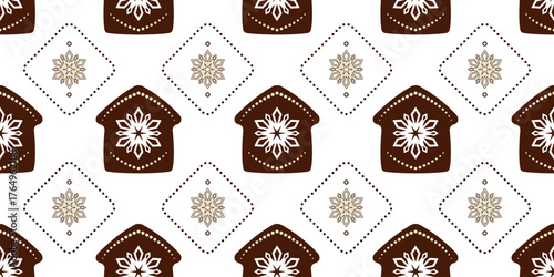 Brown houses and beige snowflakes on white background. Brown gingerbread house with snowflake decor. Winter calm colors holiday seamless pattern. Warm christmas holiday decor
