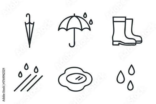 Rainy day essentials for staying dry and cozy. Set of 6 winter vector illustration