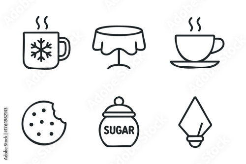 Cozy winter gathering with warm beverages and sweet treats. Set of 6 winter vector illustration