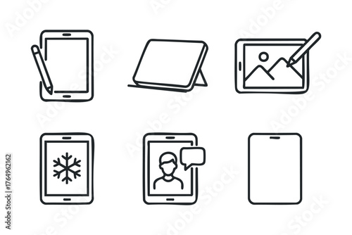 Digital tablet features for creative and communication purposes. Set of 6 winter vector illustration