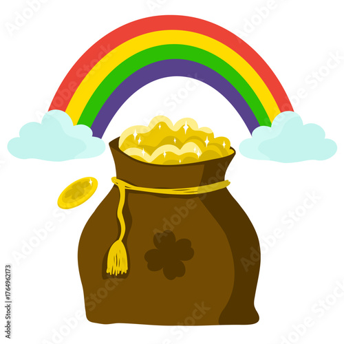 Vector illustration of money bag with leprechaun gold coins for Saint Patrick's Day, with four leaf lucky clover and rainbow in clouds