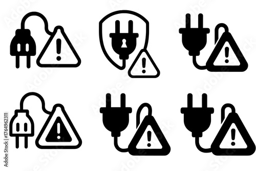 Extension Cord Safety Logos. Extension cord safety. Set Logo of Extension cord safety: grounded plug with warning tag. harmonious logo variations of the same