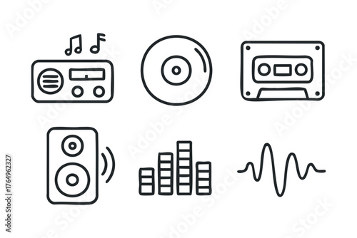 Music icons representing sound, recording and playback concepts. Set of 6 winter vector illustration