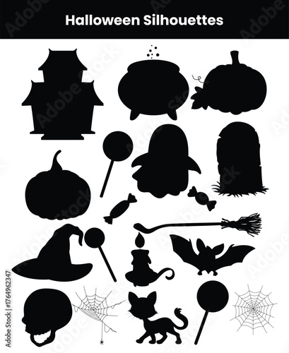 Halloween symbols collection set silhouettes isolated over white background showing spooky icons and horror elements perfect for Halloween design decoration and vector artwork project