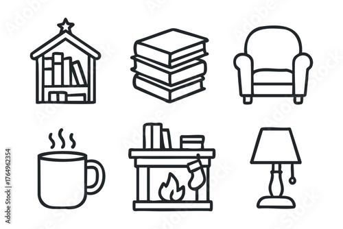 Cozy home retreat with books, coffee, and a warm fireplace. Set of 6 winter vector illustration