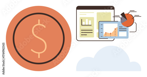 Orange dollar coin, browser window, and graphs with charts illustrating financial metrics and data trends. Ideal for business, finance, analysis, economy, investment technology planning. Simple