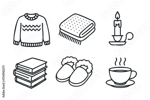 Cozy winter evening essentials for relaxation and comfort. Set of 6 winter vector illustration