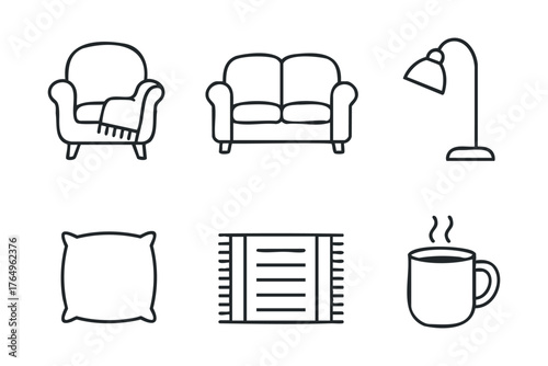 Cozy living room essentials for a relaxing atmosphere. Set of 6 winter vector illustration