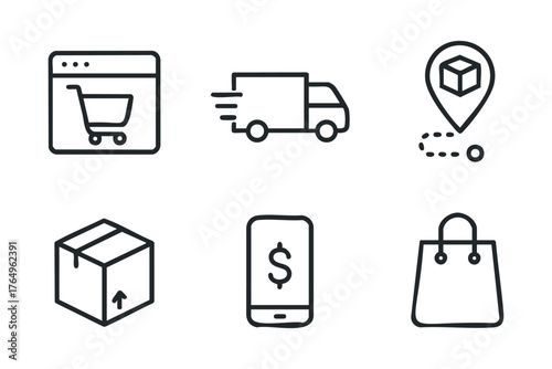 E commerce symbols for online shopping and delivery services. Set of 6 winter vector illustration