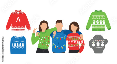 Festive friends celebrating the holiday season with fun ugly Christmas sweaters, spreading joy and cheer, perfect for holiday cards, invitations, and seasonal marketing campaigns