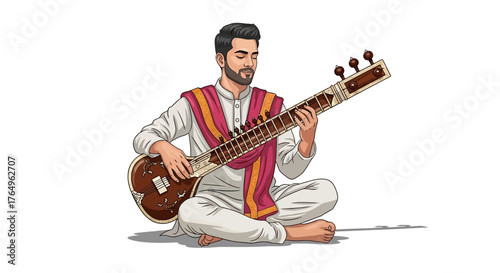 A man in traditional attire playing a sitar, a long-necked stringed instrument.