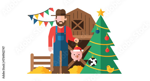 Festive farmer celebrating Christmas with a piggy ornament, standing by a decorated tree and rustic barn, creating a heartwarming holiday scene, perfect for seasonal greetings