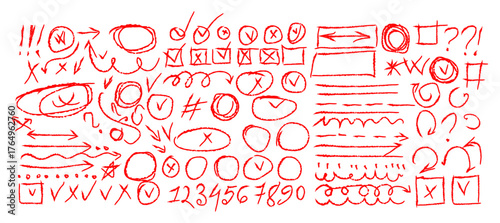 Red Hand drawn brush collection. crayon various arrows, curved, wavy and straight lines, check marks, doodle and school design.