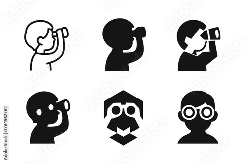 Children with Binoculars. Photographing Kids Enjoying Nature and Wildlife. Set Logo of Child with Binoculars: Minimal outline, Filled silhouette, Abstract