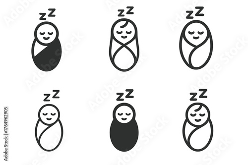Peaceful Nap Logo Variations. Peaceful nap. Set Logo of Peaceful nap: baby swaddled with z?s. harmonious logo variations of the same emblematic concept, each