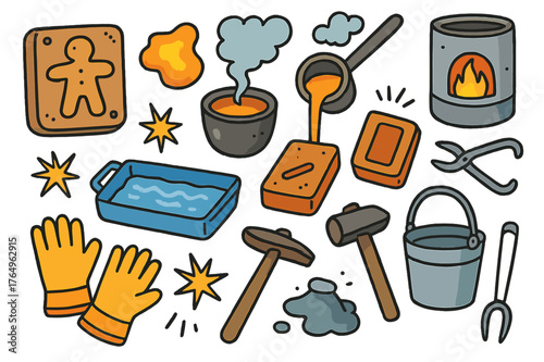 Colorful Metal Casting Doodles. Metal casting. Colorful Hand-drawn doodle Children illustration Metal casting clay mold, molten metal, crucible, ladle,