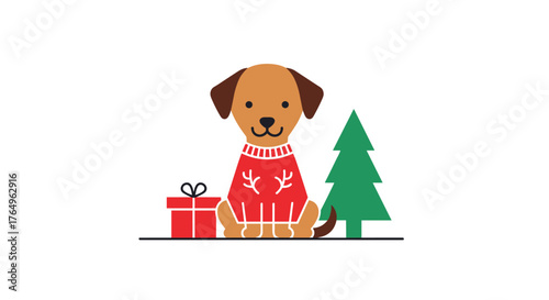 Adorable puppy celebrating Christmas in festive reindeer sweater near a beautifully wrapped present and decorated tree, embodying holiday cheer and heartwarming moments for seasonal campaigns