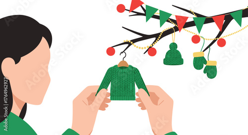 Stylish holiday gift giving with a cozy sweater, hat, and mittens hanging as ornaments on a festive garland, creating a warm and joyful Christmas season celebration