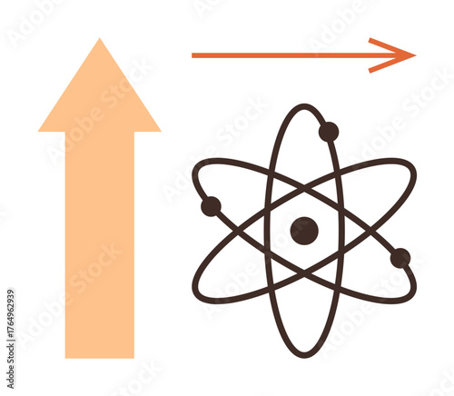 Atom structure with nucleus and orbiting electrons beside upward arrow and directional line. Ideal for science, innovation, energy, progress, physics, education, technology. Simple flat metaphor