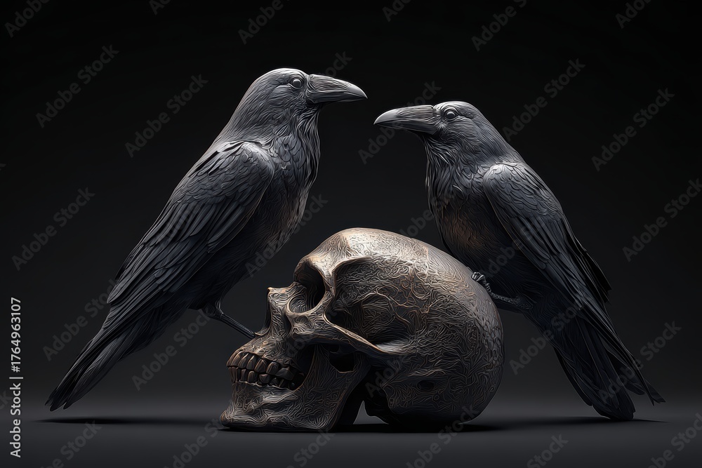 Obraz premium Two dark birds perch upon a weathered human skull against a black background