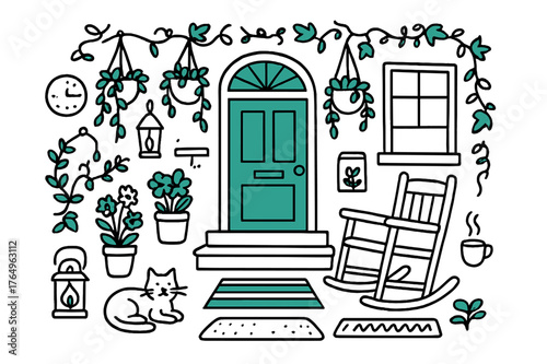 Cozy Porch Doodle. // Cozy front porch. Hand-drawn doodle illustration Cozy front porch [door (accented), steps, rocking chair (accented), hanging plants