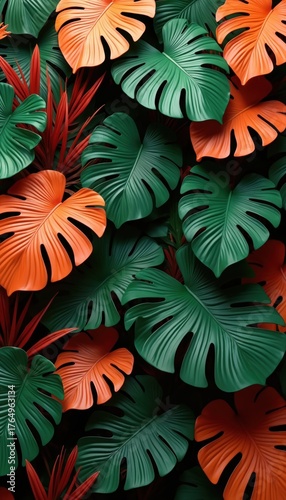 Abstract 3d render of tropical leaves. Vivid green and orange monstera leaves create jungle pattern. Wallpaper design is perfect for decor and background use.