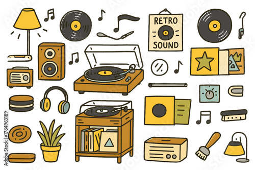Retro Music Vibes. Retro sound. Hand-drawn doodle illustration record player (colored), vinyl records (colored), turntable (colored), speaker (colored), record