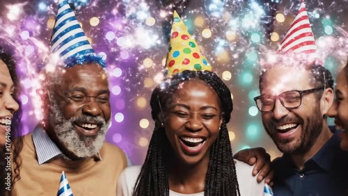Diverse group of happy friends laughing at a birthday party. Multiethnic people celebrating together with party hats and confetti effects. Joyful friendship and togetherness concept
