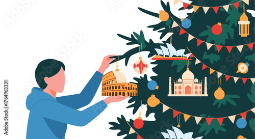 Decorating a vibrant Christmas tree with global landmarks ornaments, celebrating travel dreams and festive cheer, inspiring holiday memories around the world, a season of wanderlust