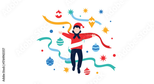 Celebrate the holidays with joy and cheer, surrounded by festive ornaments and colorful ribbons that evoke feelings of happiness, perfect for seasonal greetings and winter promotions