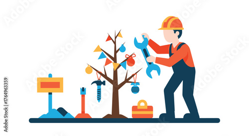 Festive construction worker decorating a unique Christmas tree with tools and ornaments, offering a playful and humorous take on the holiday season with a creative twist