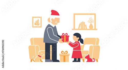 Grandfather giving Christmas present to granddaughter, festive family moment in cozy living room with cute dogs, a heartwarming holiday illustration