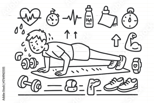 Push-Up Workout Essentials. Push-ups. Hand-drawn doodle illustration push-ups person doing push-up, exercise mat, dumbbell, stopwatch, water bottle, towel,