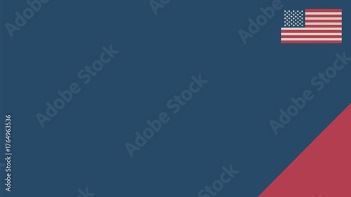 A simple graphic design with a blue background and a small american flag in the upper right corner