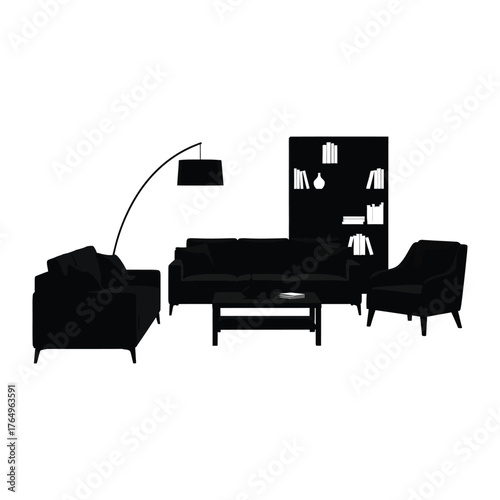 Minimalist Living Room Silhouette: An elegant and modern living space design, portrayed in a monochrome silhouette, features a comfortable sofa, chairs, a coffee table, a stylish lamp, and a bookcase.