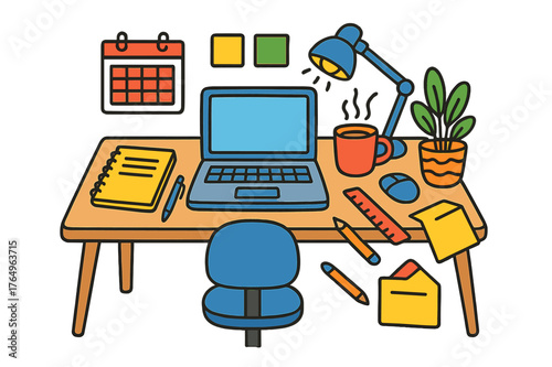 Colorful Workstation Doodle. organized workstation. Colorful Hand-drawn doodle Children illustration organized workstation laptop, notebook, pen, coffee cup,