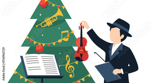 Get ready for a harmonious holiday season with a musician decorating a Christmas tree with instruments and sheet music, creating a festive and musical atmosphere for everyone