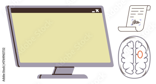 Computer screen with blank canvas, document with signature, and brain diagram with highlighted area. Ideal for education, technology, creativity, innovation, decision-making, research simple flat