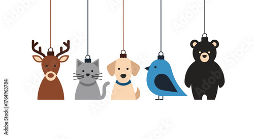 Adorable animal ornament collection for holiday cheer, featuring a friendly deer, playful cat, loyal dog, bright bluebird, and cuddly bear ready to bring festive joy to your creative projects