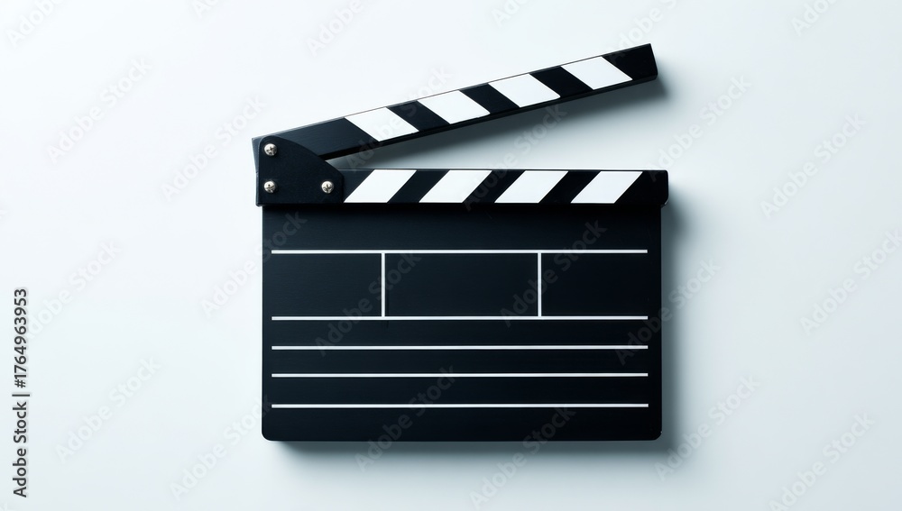 Fototapeta premium Resting flat on a plain white surface is a filmmaking clapperboard, marking the beginning of a creative journey in movie production and representing the innovative storytelling that defines the