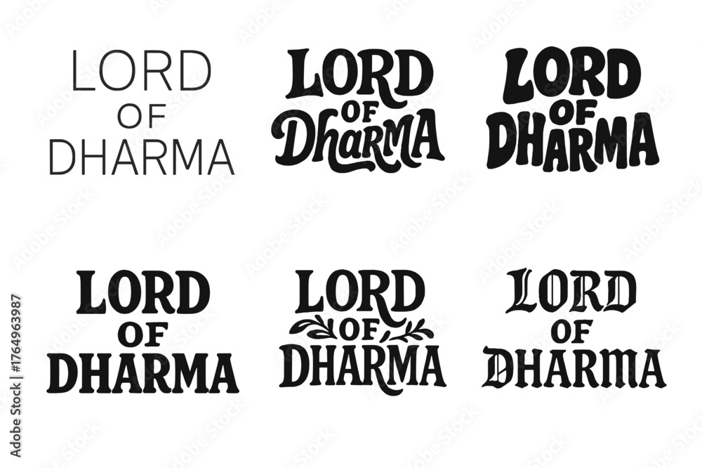 Fototapeta premium Diverse Lettering Grid. Lord of Dharma. Set lettering. harmonious lettering variations of the same emblematic concept (Modern minimal monoline lettering, Bold