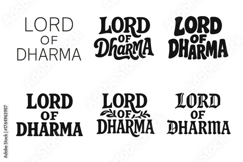 Diverse Lettering Grid. Lord of Dharma. Set lettering. harmonious lettering variations of the same emblematic concept (Modern minimal monoline lettering, Bold
