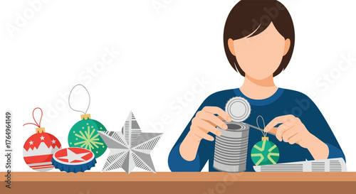 Creative person upcycling tin can into festive Christmas ornaments, embracing sustainable holiday crafts and DIY decorations for a joyful, eco-friendly celebration this season