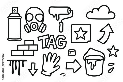 Street Art Icons. Street art. Hand-drawn doodle illustration street art spray can, mask, brick wall, roller, tag symbol, stencil, cap, cloud, arrow, paint