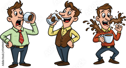 Funny coffee addiction cartoon man drinking caffeine stages humor comic character spill energetic vector illustration morning routine espresso pot