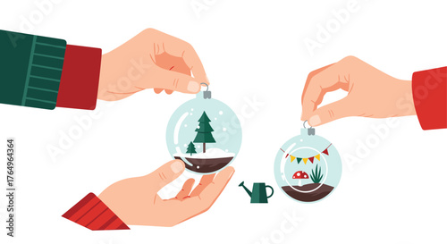 Hands carefully hold delicate glass ornaments revealing miniature winter forest and whimsical garden scenes, hinting at magical holiday decorating and creative DIY projects.